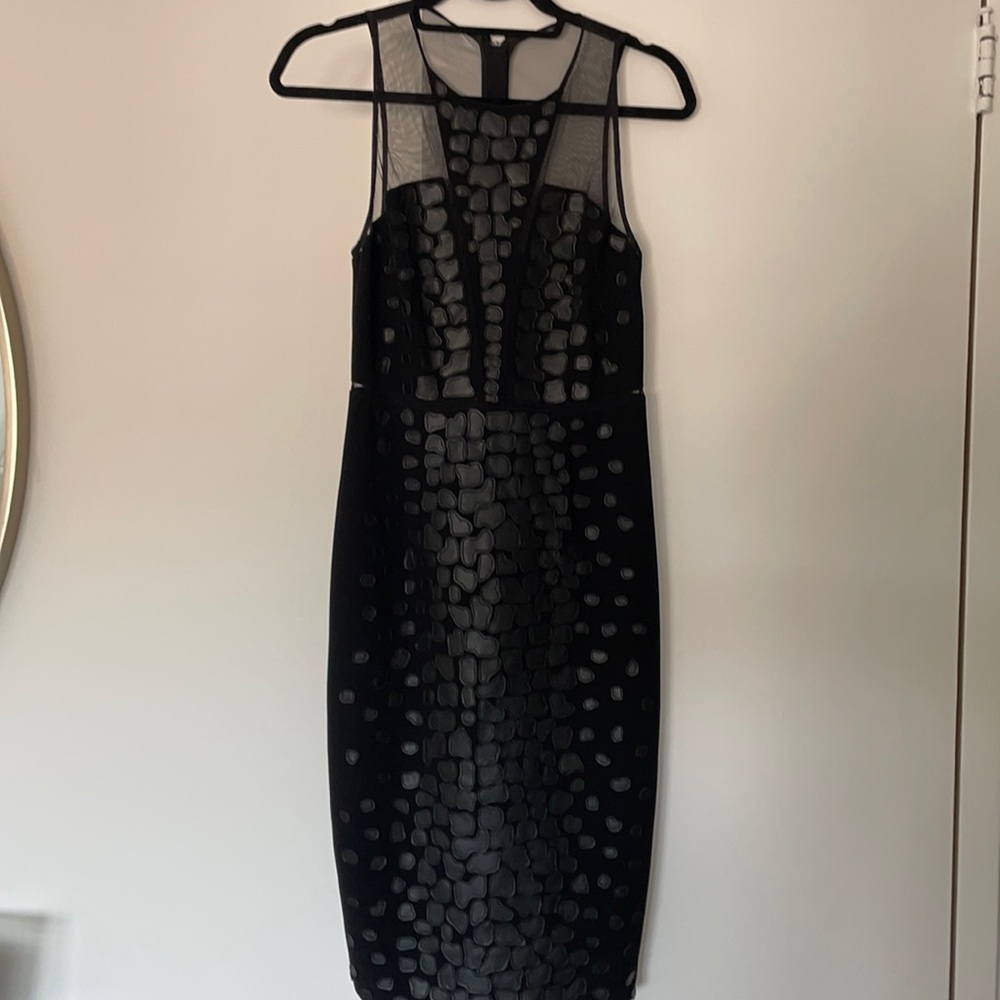 Sachin & Babi sz 4 black mesh with leather detail midi length dress
